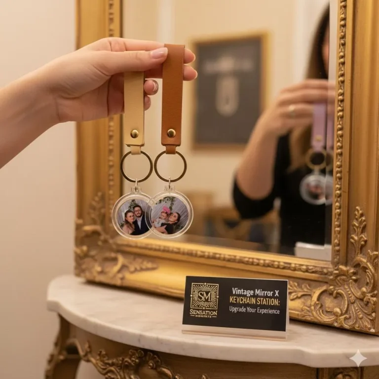 Breloc personalizat creat pe loc la un eveniment, cu fotografie și mesaj personalizat